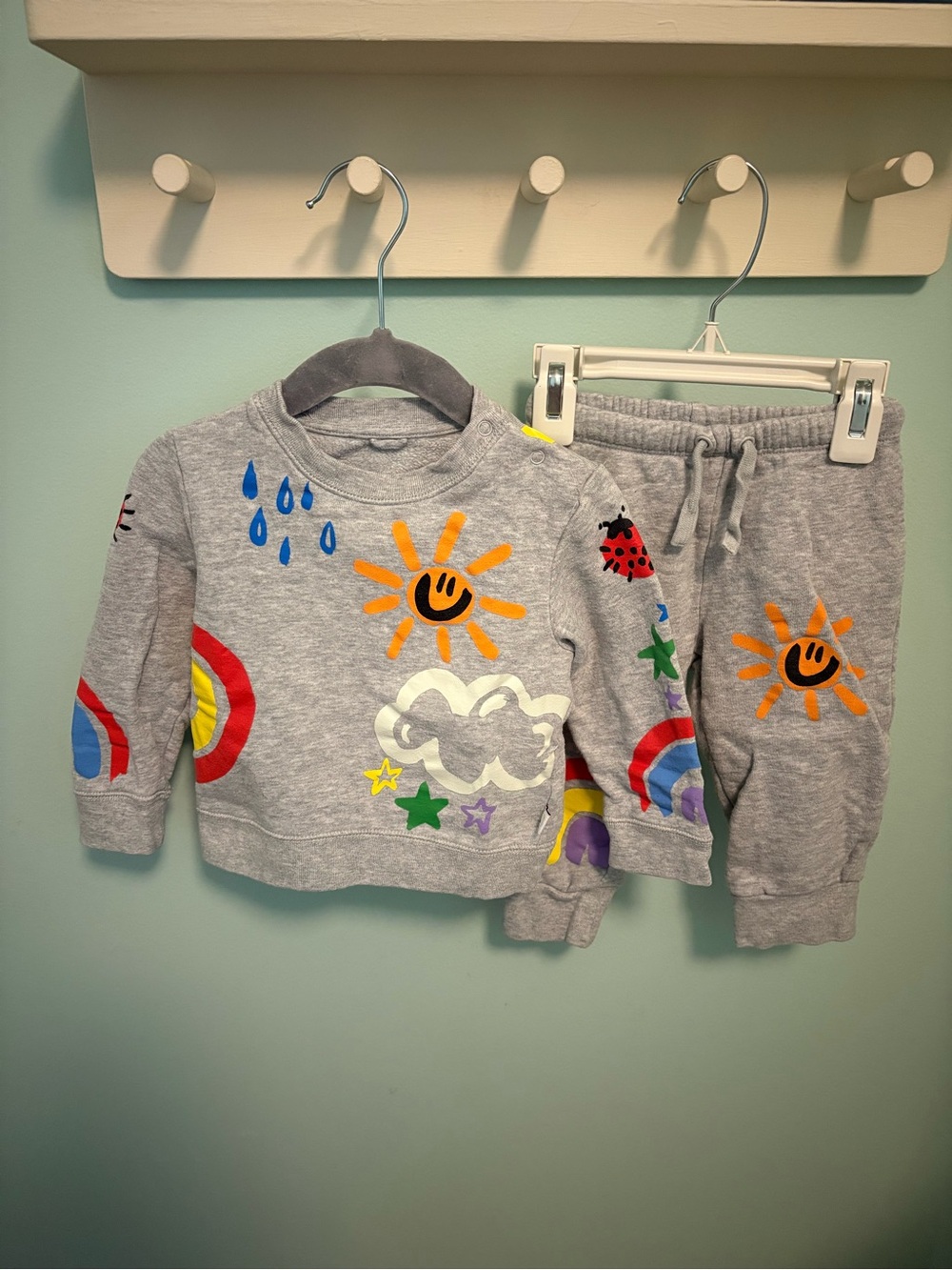 Stella McCartney Grey Sweatshirt & Joggers Set with Rainbow, Sun, Cloud Graphics